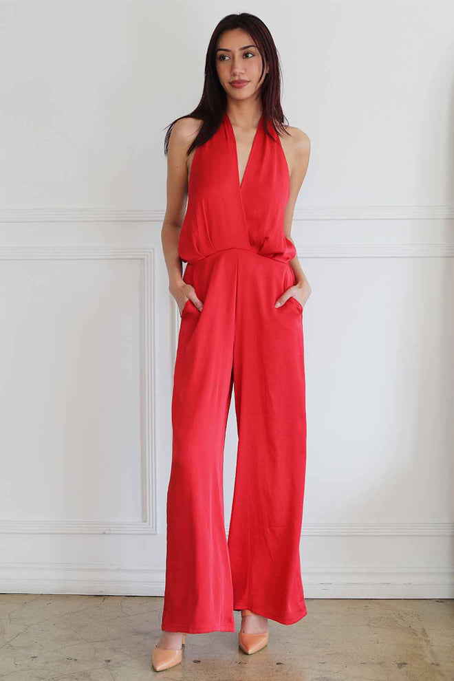 Red Silk Halter Jumpsuit front