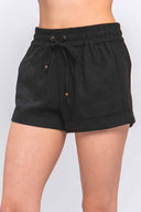 Roma Black Smocked Linen Shorts side