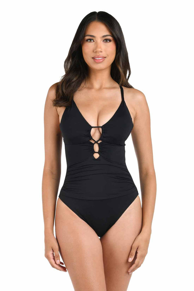 La Blanca Island Goddess Black Underwire One Piece front