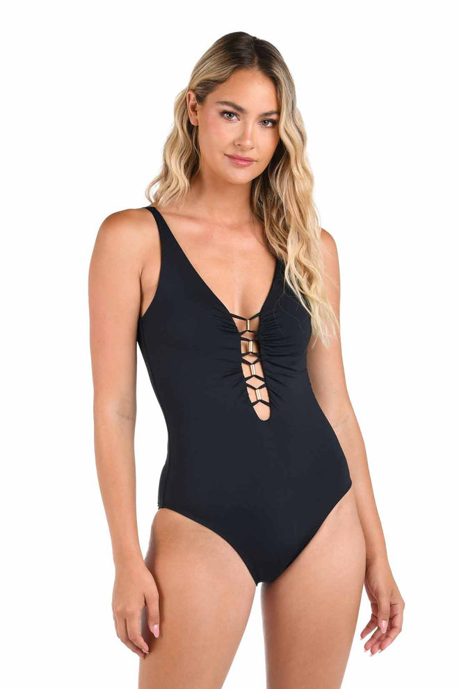 La Blanca Island Goddess Black Plunge One Piece front