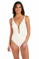La Blanca Island Goddess Ivory Plunge One Piece front