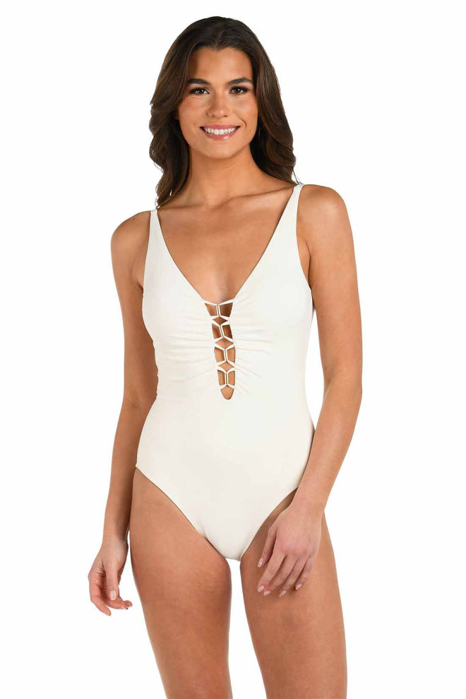 La Blanca Island Goddess Ivory Plunge One Piece front