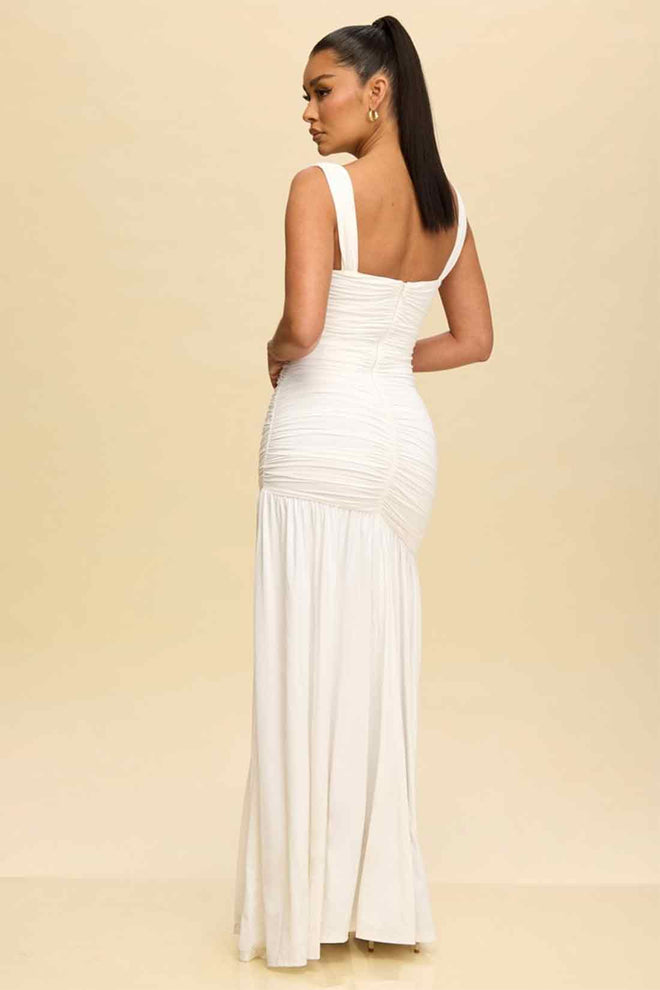White Jersey Ruched Maxi Dress back