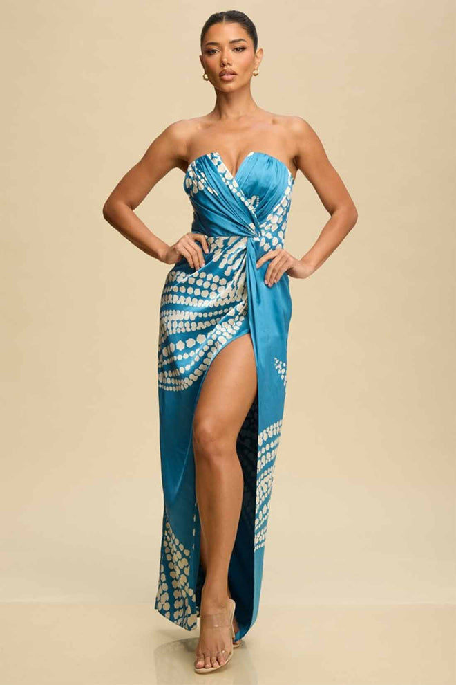 Teal Pleated Satin Maxi Dress
