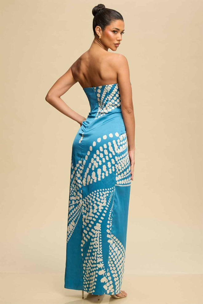 Teal Pleated Satin Maxi Dress back