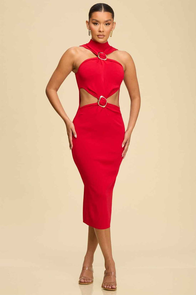 Red Twist Knit Midi Dress