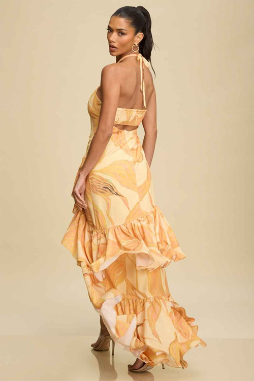 Yellow Sunset Ruffle Maxi Dress back