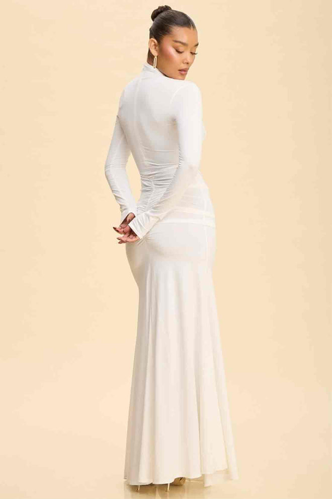 White Halter Ruched Maxi Dress back