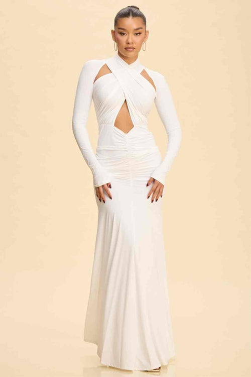 White Halter Ruched Maxi Dress