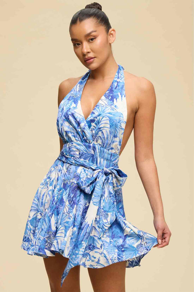 Blue Tropic Wrap Mini Dress