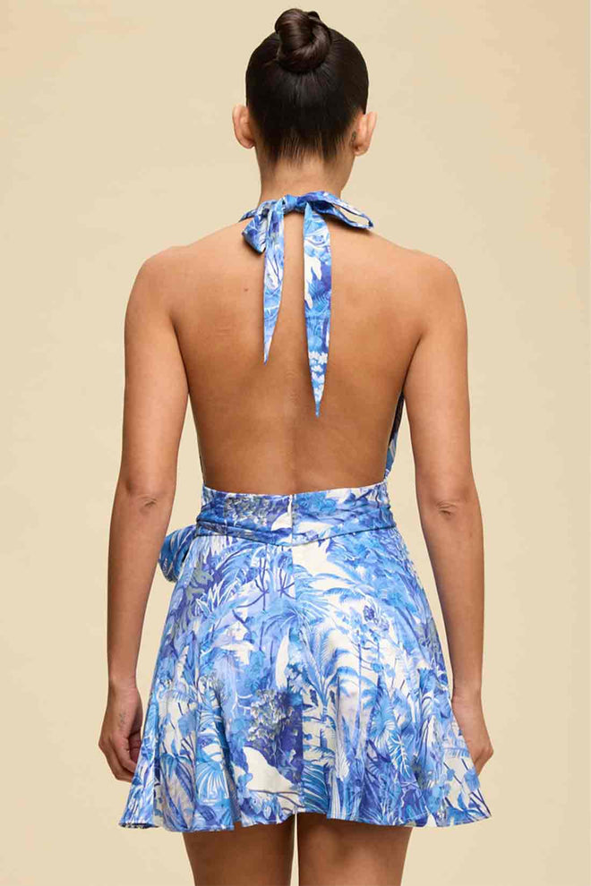 Blue Tropic Wrap Mini Dress back