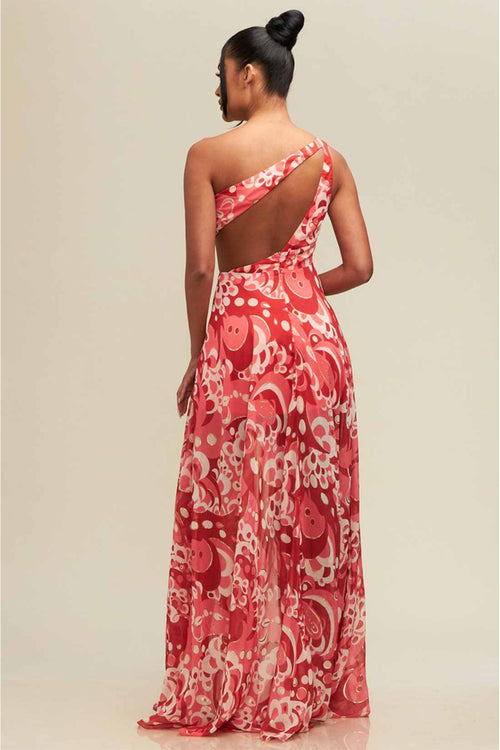 Carina Red Mosaic One Shoulder Maxi Dress back