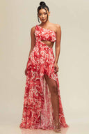 Carina Red Mosaic One Shoulder Maxi Dress