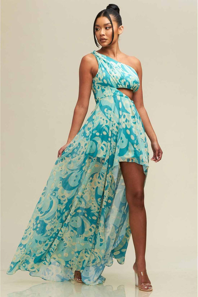 Carina Turquoise Mosaic One Shoulder Maxi Dress
