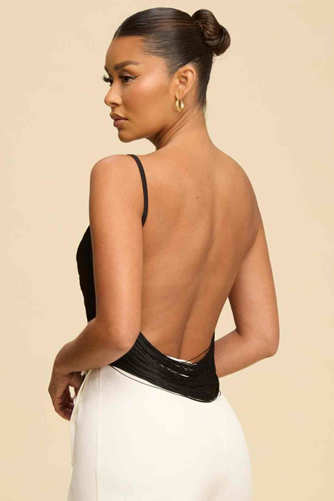 Black Fringe Open Back Top back