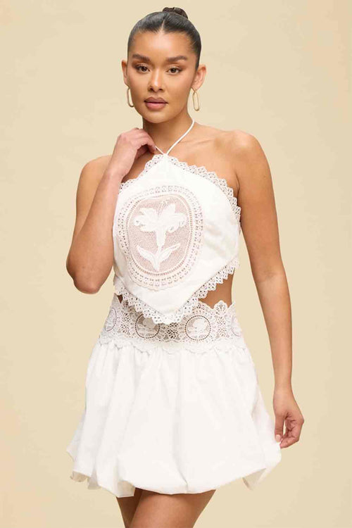 White Halter Crochet Skirt Set