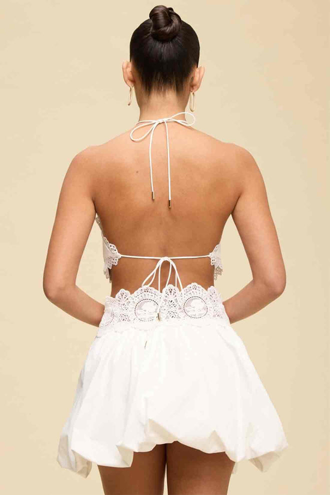 White Halter Crochet Skirt Set back
