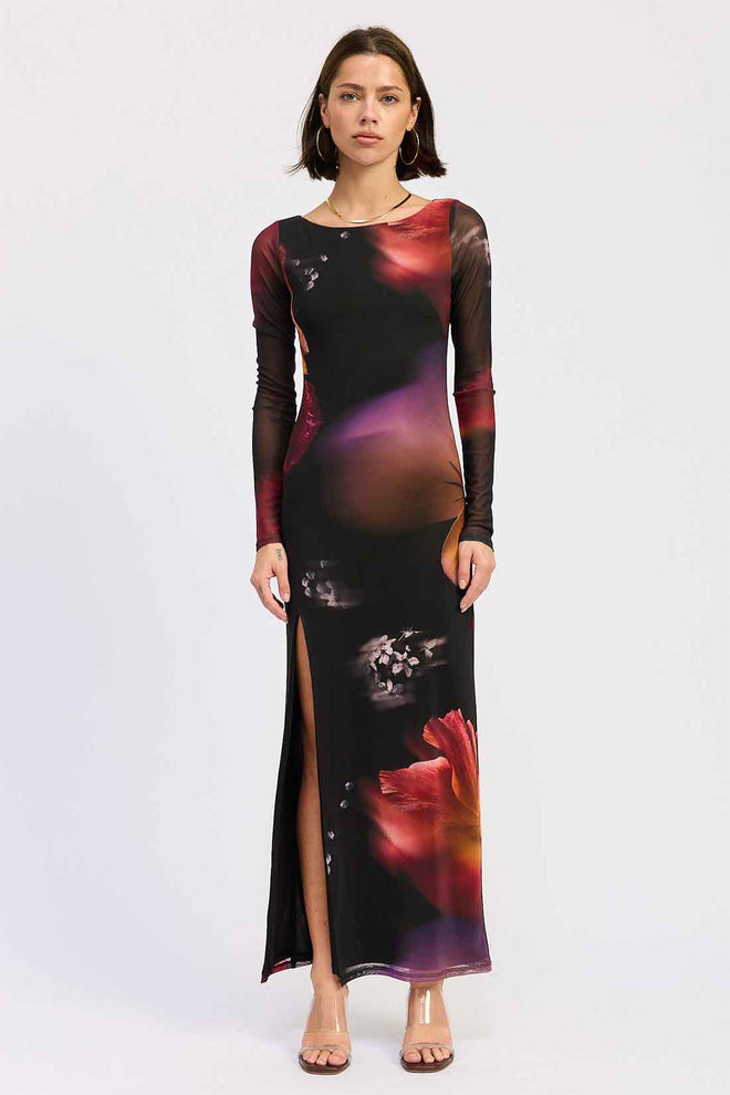 Black Long Sleeve Mesh Maxi Dress