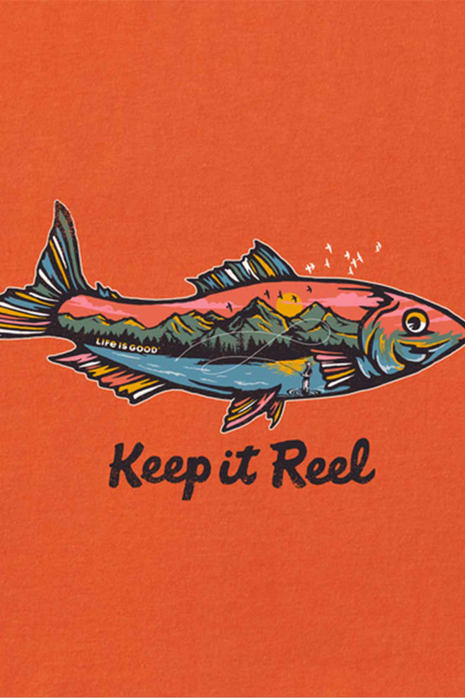 Life is Good Fish Mountain Scene T Shirt detail