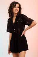 Lauren Black Lace Crochet Button Down Romper front