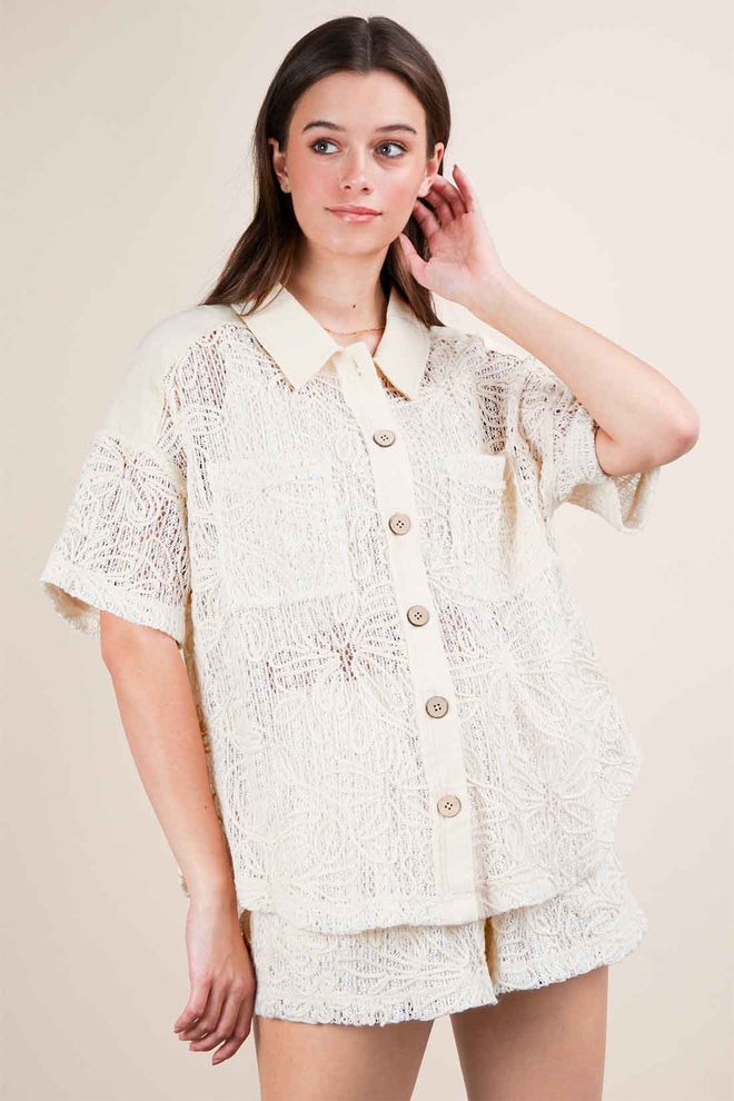 Natural Embroidery Shorts Set front
