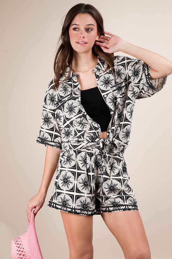 Black Tropical Shorts Set front