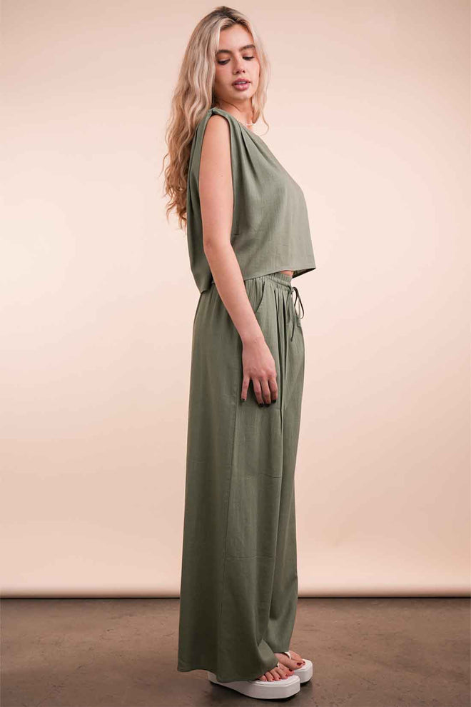 Olive Woven Pants Set side