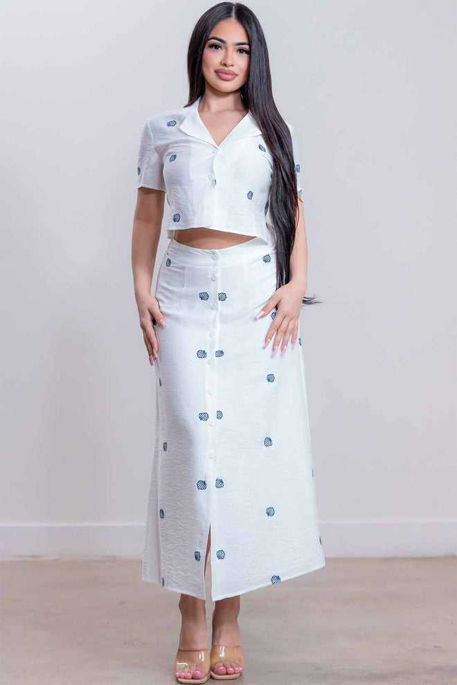 White Embroidered Shell Skirt Set