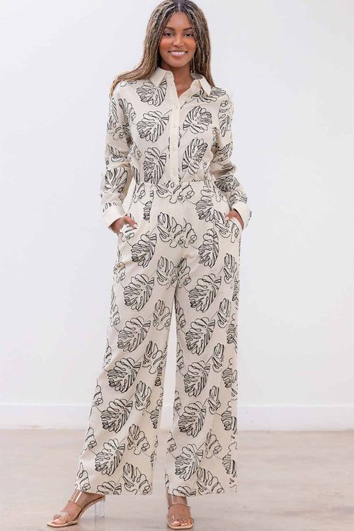 Cream Embroidered Leaf Pants Set