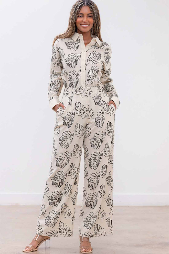 Cream Embroidered Leaf Pants Set