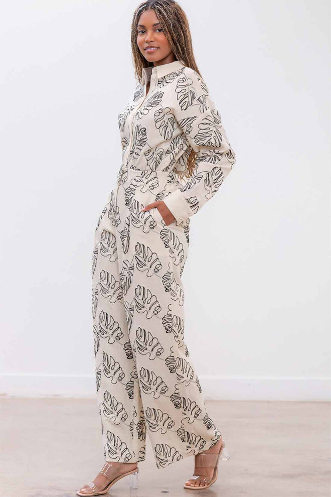 Cream Embroidered Leaf Pants Set side