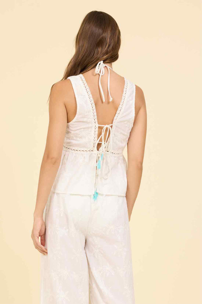 White Palm Eyelet Pants Set back