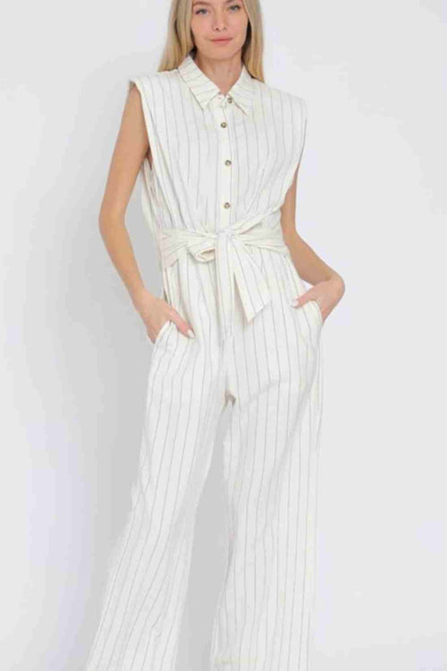 White Striped Jumpsuit front