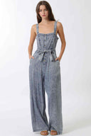 Denim Wash Belted Jumpsuit