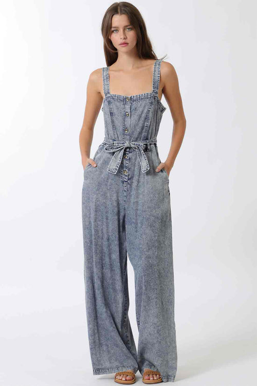Denim Wash Belted Jumpsuit