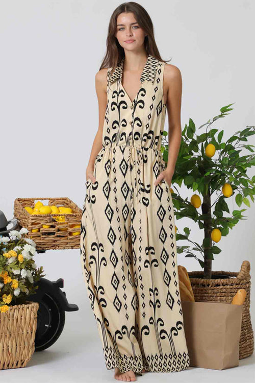 Printed Black Tie Front Jumpsuit