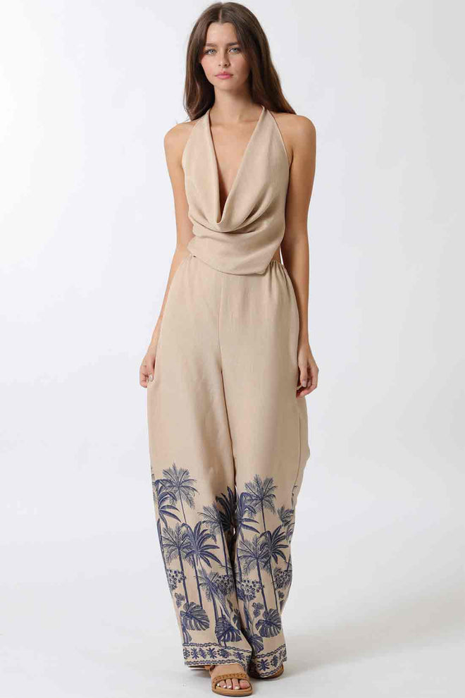 Border Print Halter Jumpsuit