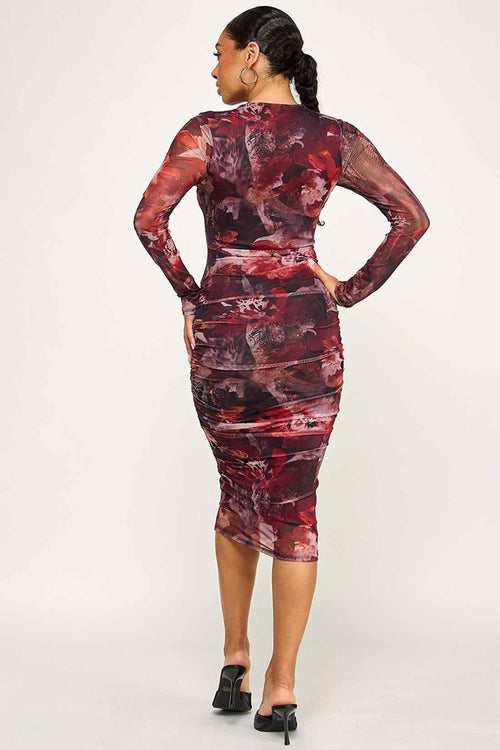 Black Mesh Flower Print Midi Dress back