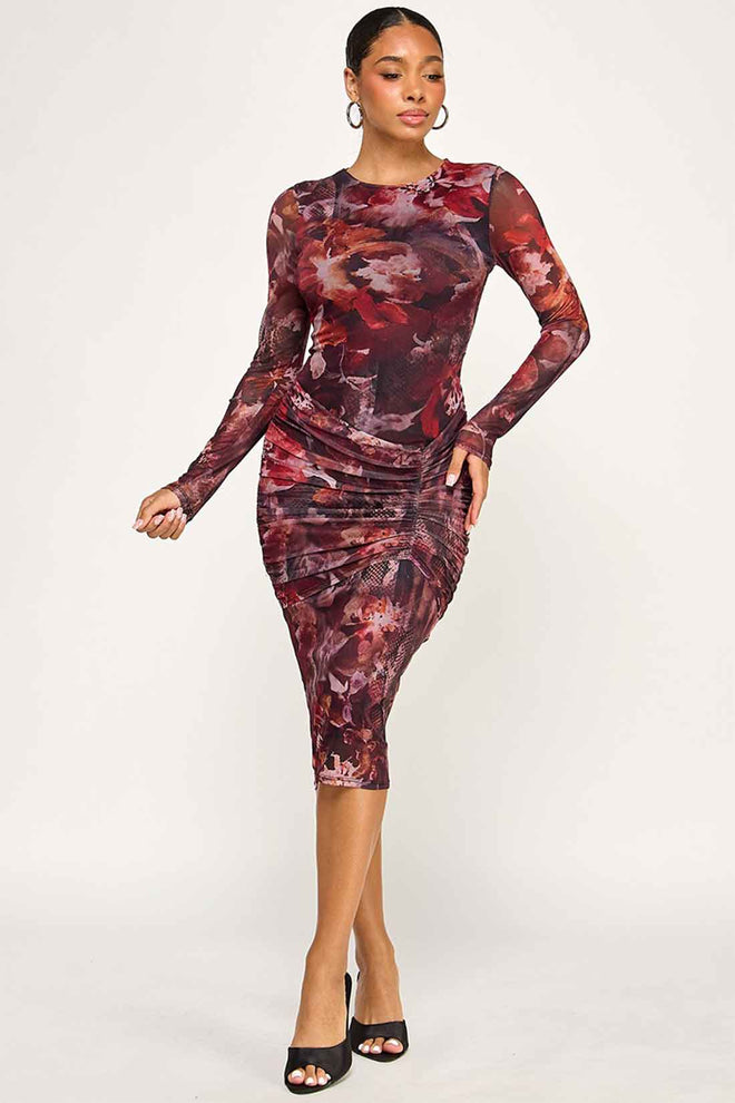 Black Mesh Flower Print Midi Dress