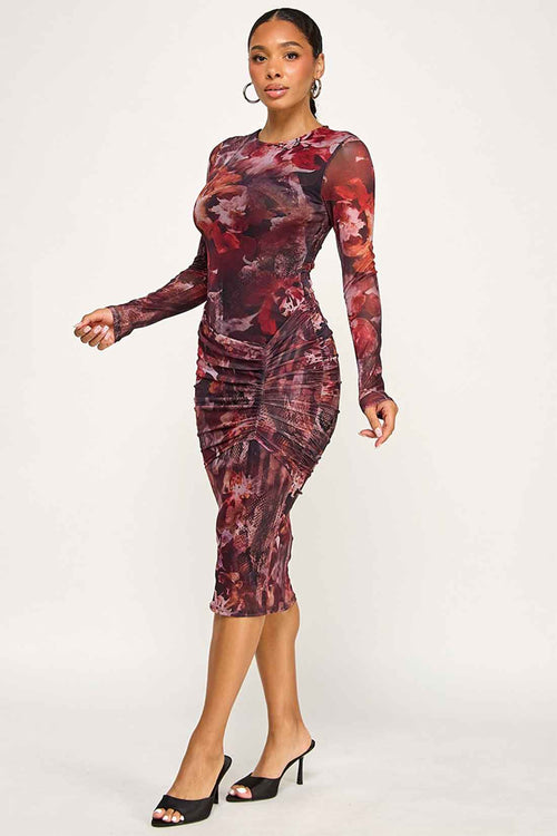 Black Mesh Flower Print Midi Dress side