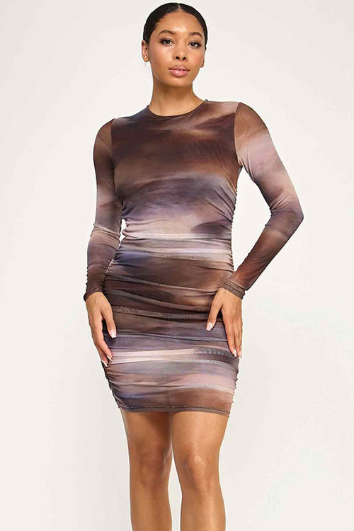 Brown Mesh Long Sleeve Mini Dress