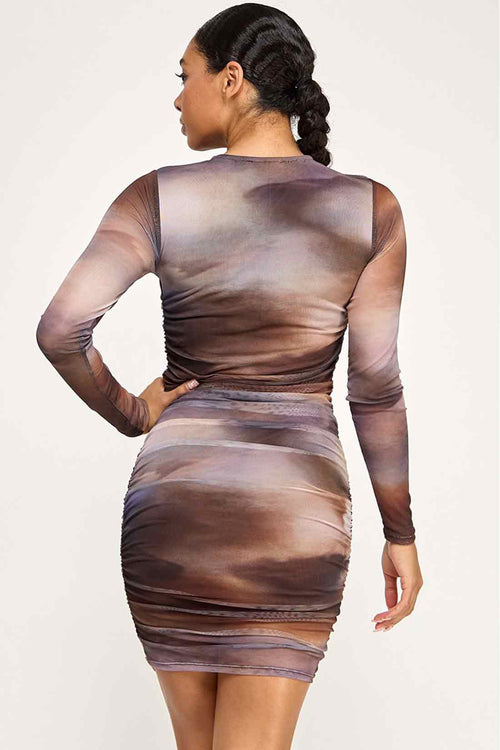 Brown Mesh Long Sleeve Mini Dress back