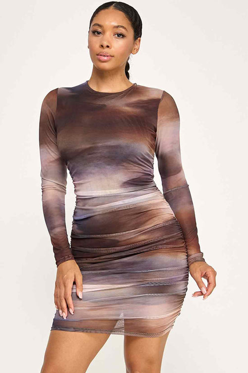 Brown Mesh Long Sleeve Mini Dress front