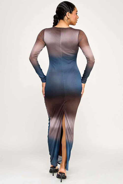 Blue Mesh Long Sleeve Maxi Dress