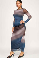 Blue Mesh Long Sleeve Maxi Dress