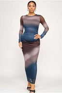 Blue Mesh Long Sleeve Maxi Dress