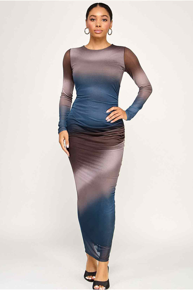 Blue Mesh Long Sleeve Maxi Dress