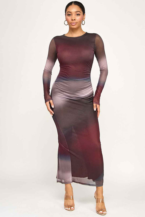 Burgundy Mesh Long Sleeve Maxi Dress