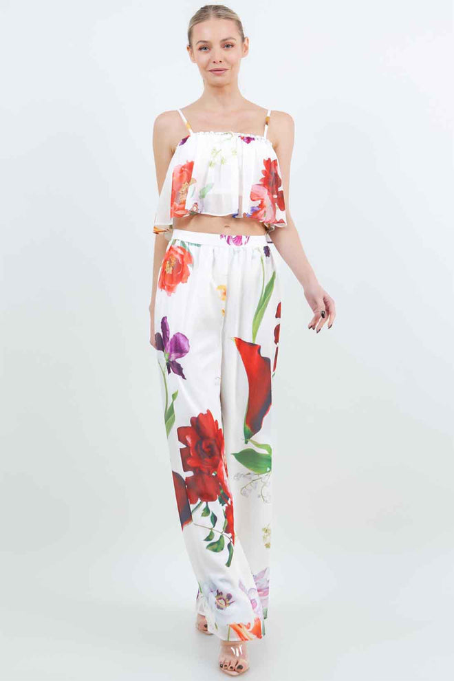 White Floral Pants Set