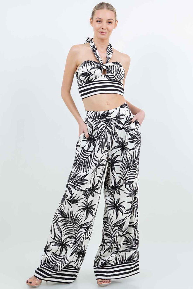 Black Printed Palms Pants Set
